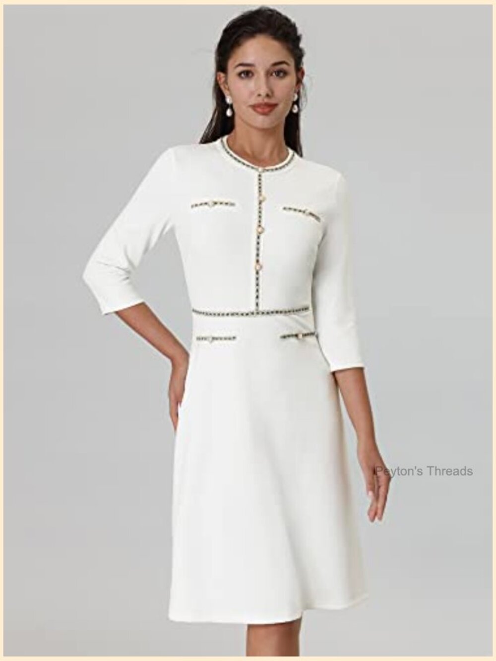 A-Line Tweed Midi Dress with 3/4 Sleeves for Work - Picture 3 of 6